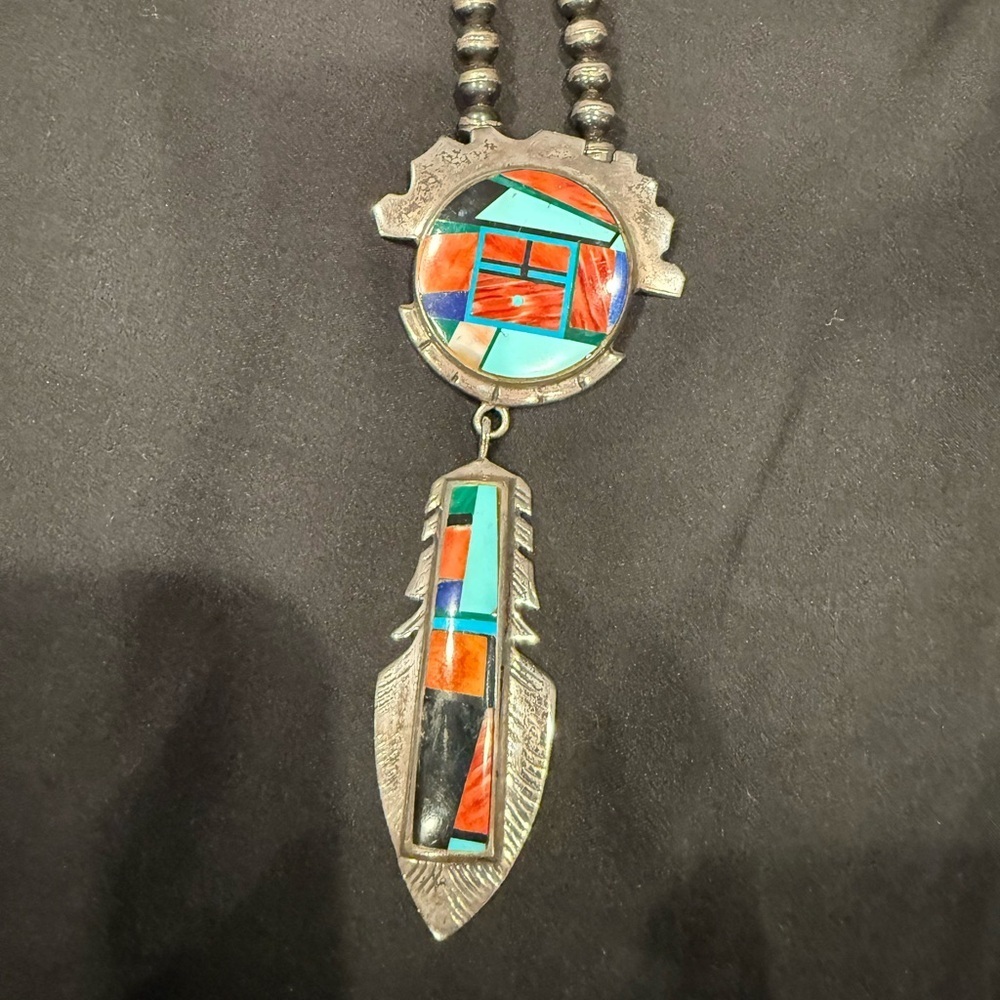 Vintage Sterling Silver Frank YellowHorse Pendant Beaded Chain Navajo Inlay - Picture 11 of 12